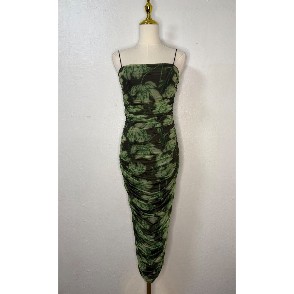 Future Collective Women's XS‎ Ruched Midi Bodycon Dress Green Black Botanical